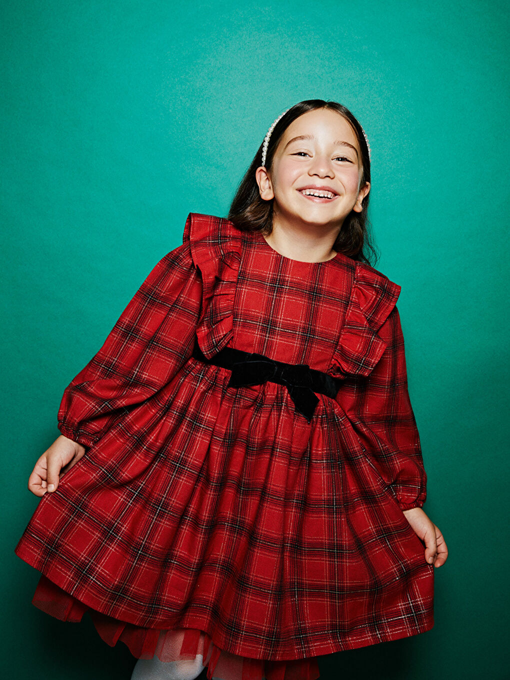 Kırmızı Bisiklet Yaka Ekose Desenli Kız Elbise Elbise-1