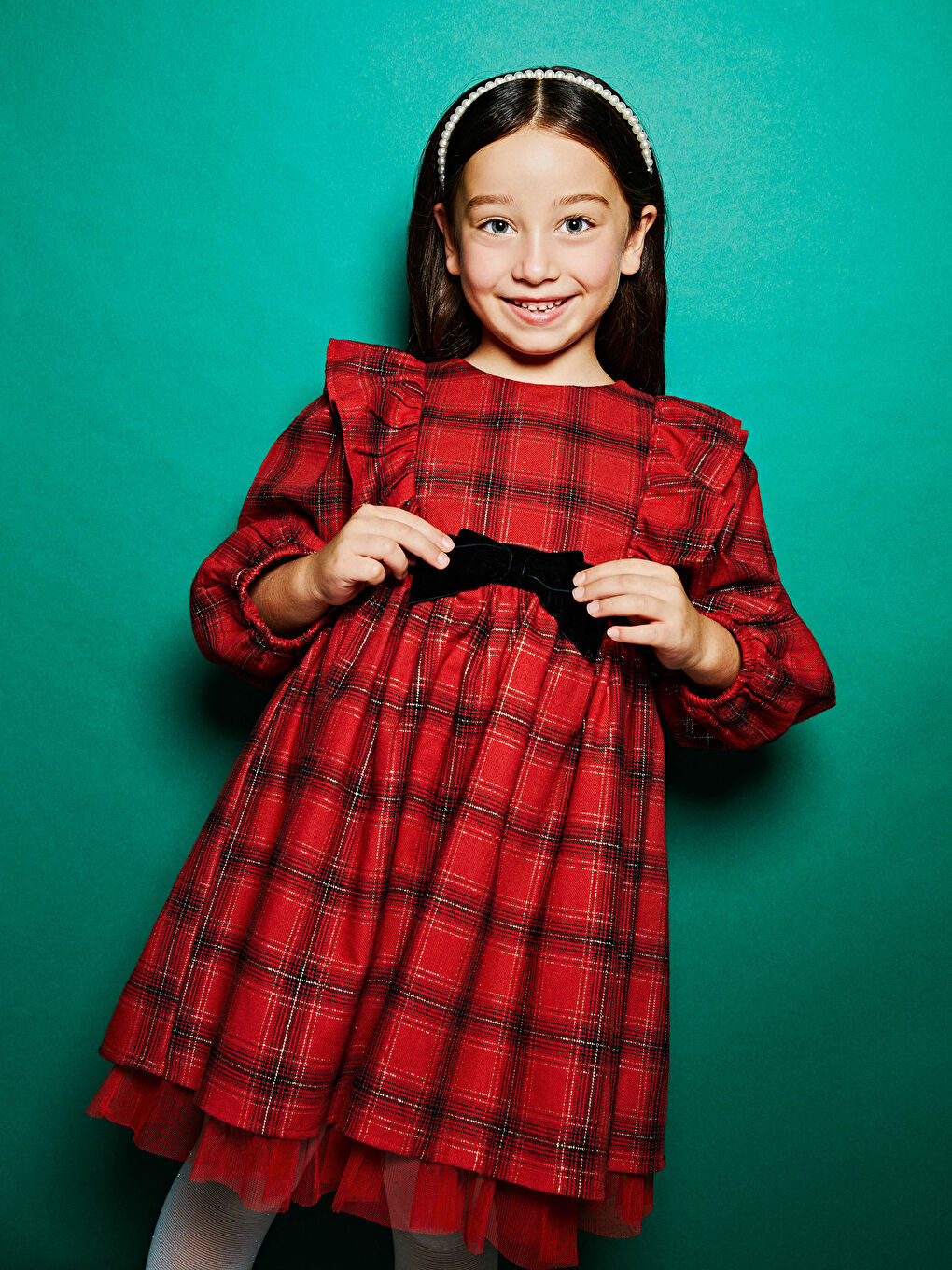 Kırmızı Bisiklet Yaka Ekose Desenli Kız Elbise Elbise-2