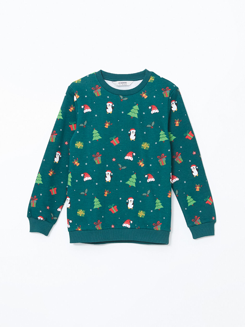 LCW Kids Koyu Yeşil Bisiklet Yaka Yılbaşı Temalı Erkek Çocuk Sweatshirt