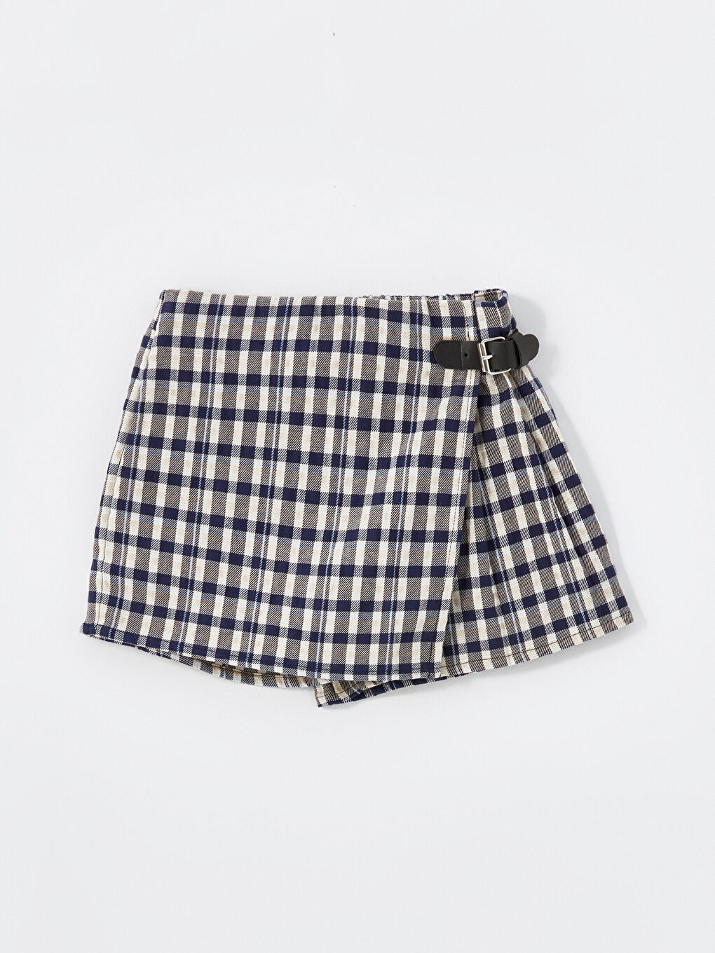 Lacivert Beli Lastikli Ekose Desenli Kız Çocuk Şort Etek