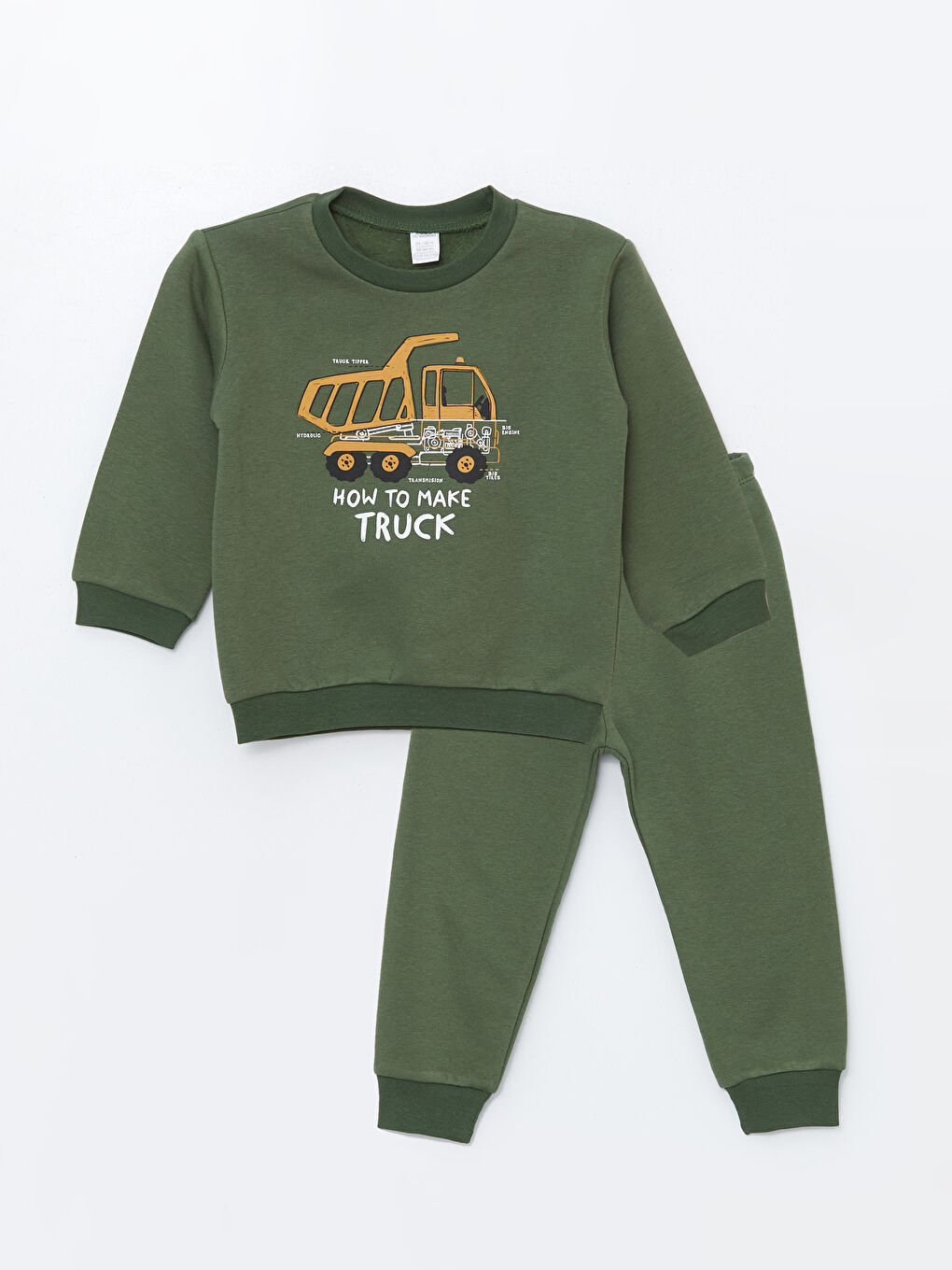 LCW baby Koyu Yeşil Bisiklet Yaka Baskılı Erkek Bebek Sweatshirt ve Eşofman Alt 2'li Takım