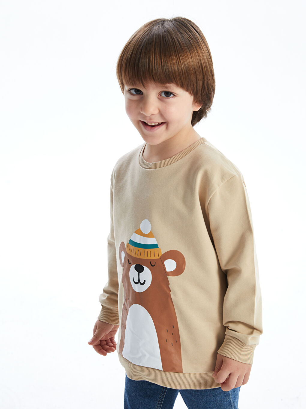 LCW Kids Bej Bisiklet Yaka Baskılı Erkek Bebek Sweatshirt