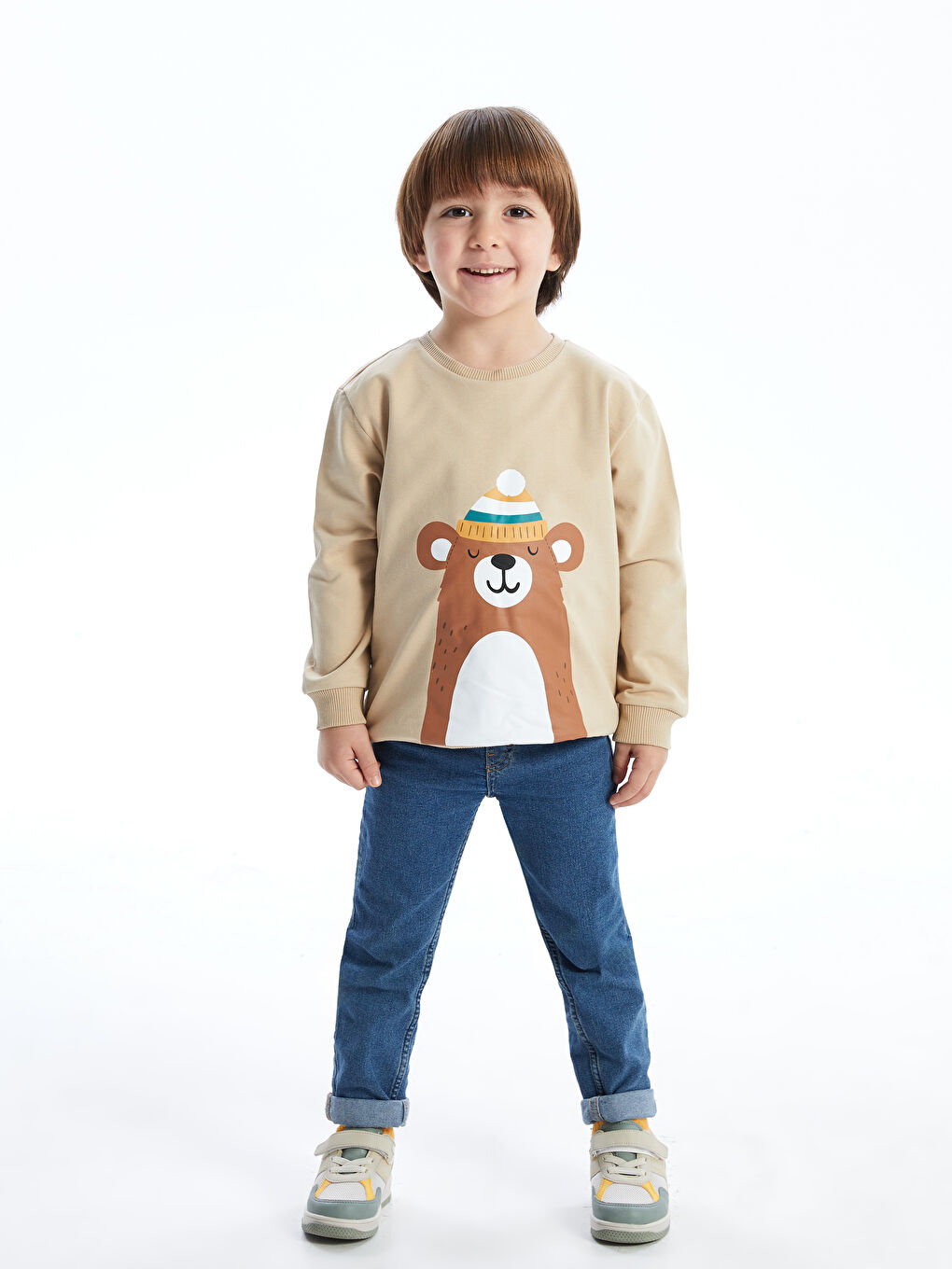 LCW Kids Bej Bisiklet Yaka Baskılı Erkek Bebek Sweatshirt - 1