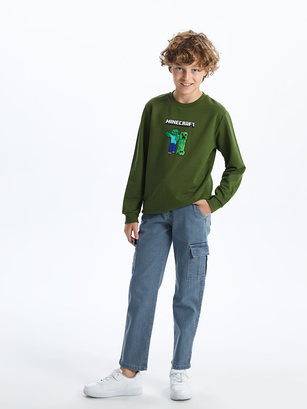 LCW Kids Yeşil Bisiklet Yaka Minecraft Baskılı Erkek Çocuk Sweatshirt - 1