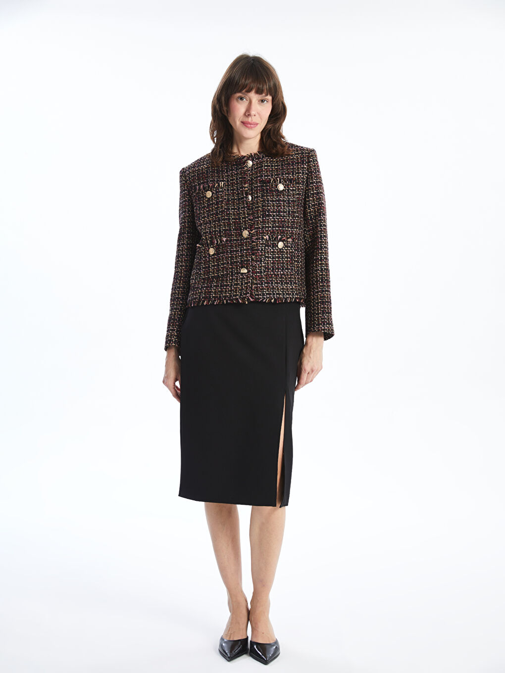 Kahverengi Bisiklet Yaka Ekose Kadın Tüvit Ceket