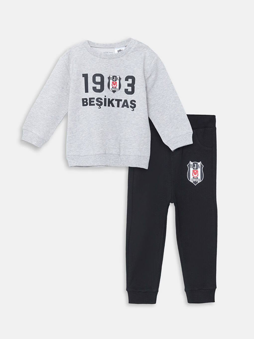 LCW baby Kar Beyazı Melanj Bisiklet Yaka Beşiktaş Baskılı Erkek Bebek Sweatshirt ve Eşofman Alt 2'li Takım