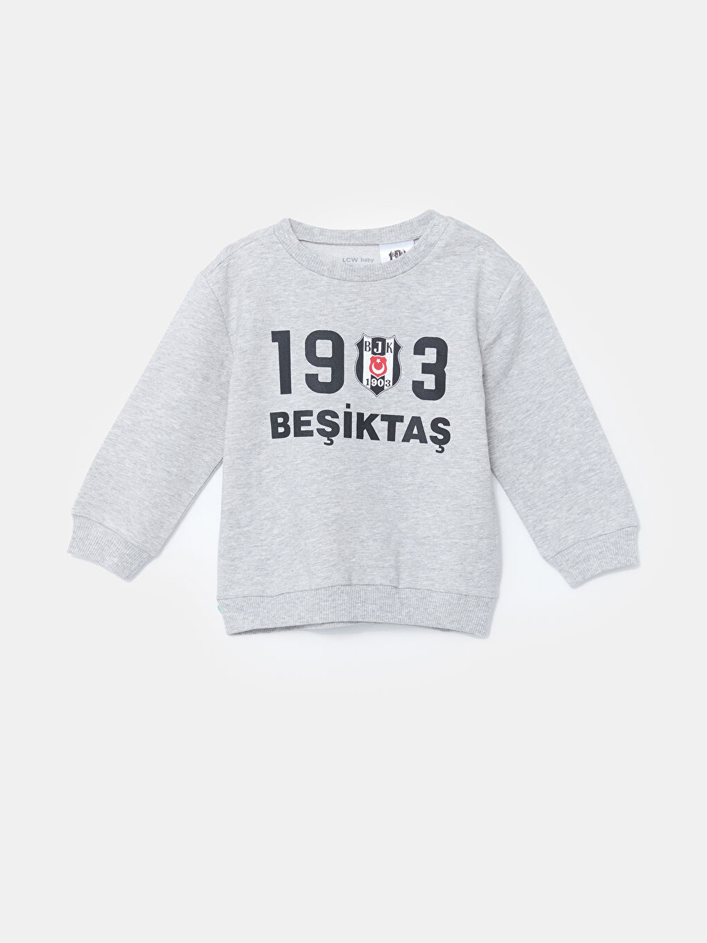 LCW baby Kar Beyazı Melanj Bisiklet Yaka Beşiktaş Baskılı Erkek Bebek Sweatshirt ve Eşofman Alt 2'li Takım - 1