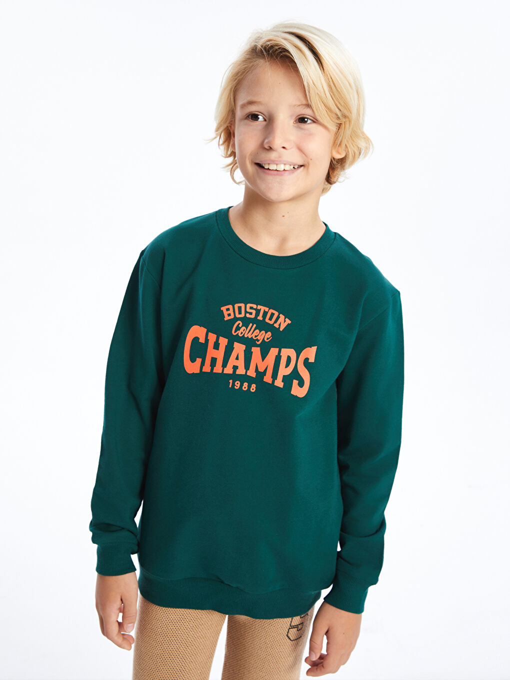 LCW Kids Koyu Yeşil Bisiklet Yaka Erkek Çocuk Sweatshirt