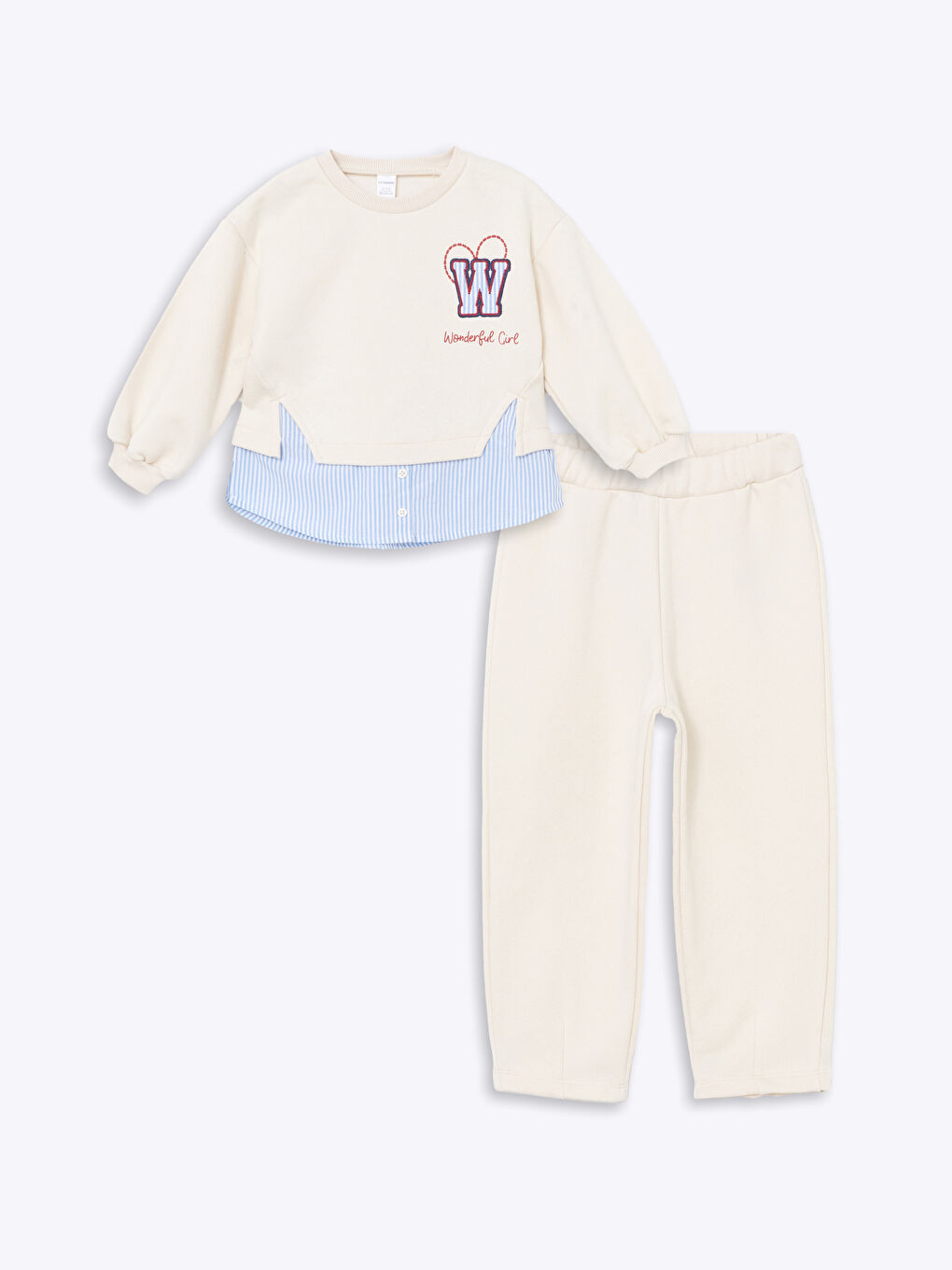 LCW Kids Ekru Bisiklet Yaka Baskılı Kız Çocuk Sweatshirt ve Eşofman Alt 2'li Takım