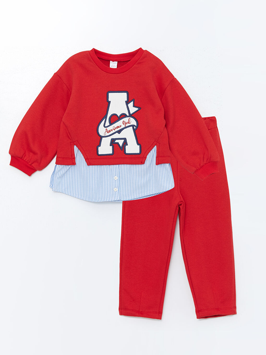 LCW Kids Canlı Kırmızı Bisiklet Yaka Baskılı Kız Çocuk Sweatshirt ve Eşofman Alt 2'li Takım