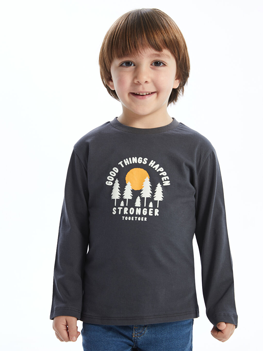 Antrasit Bisiklet Yaka Baskılı Erkek Çocuk Sweatshirt