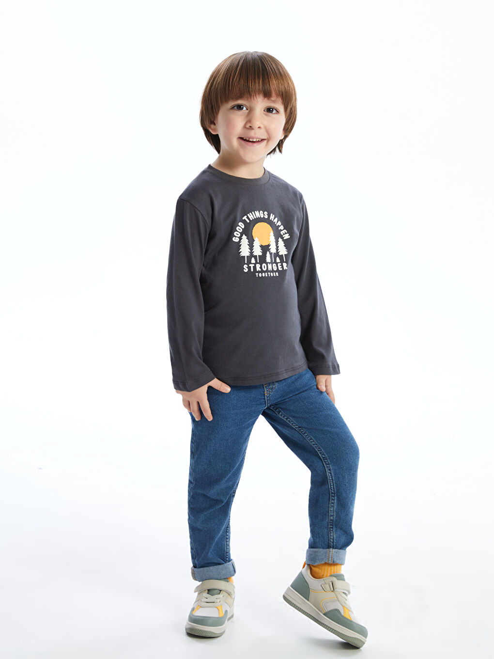 Antrasit Bisiklet Yaka Baskılı Erkek Çocuk Sweatshirt-1