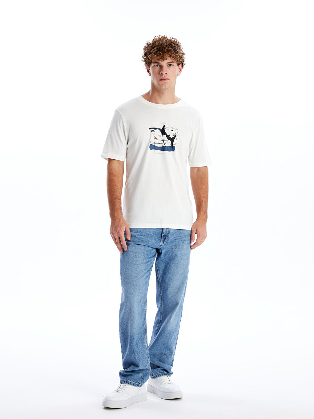 Ekru Bisiklet Yaka Kısa Kollu Baskılı Penye Erkek Tişört-1