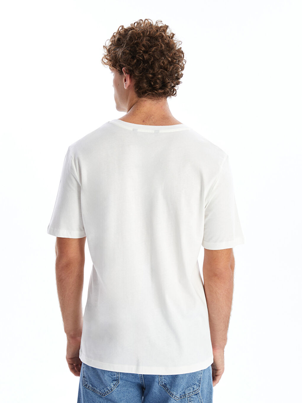 Ekru Bisiklet Yaka Kısa Kollu Baskılı Penye Erkek Tişört-3