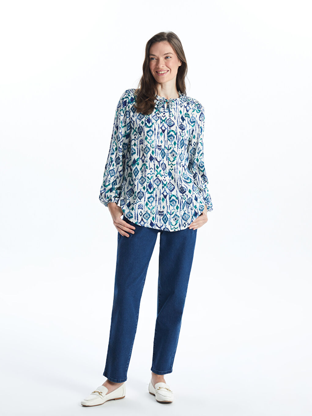 Tie Neck Patterned Women's Blouse-1
