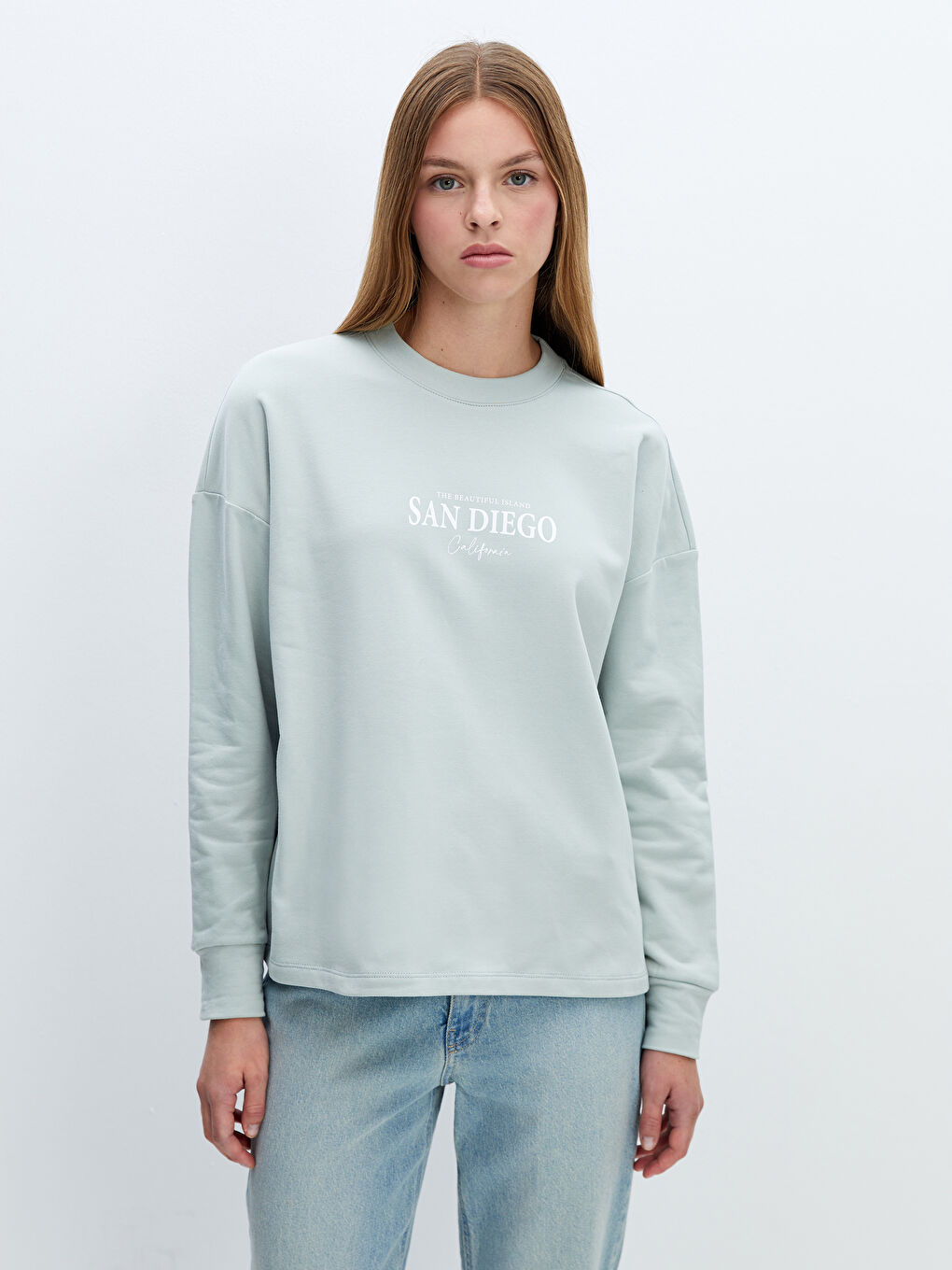 LC WAIKIKI Nane Yeşili Bisiklet Yaka Baskılı Oversize Kadın Sweatshirt