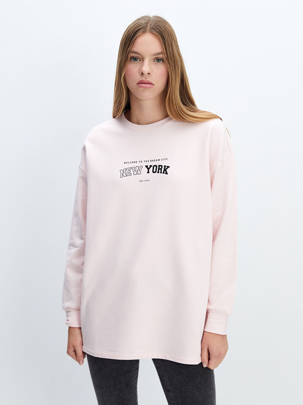 LC WAIKIKI Açık Pembe Bisiklet Yaka Baskılı Oversize Kadın Sweatshirt