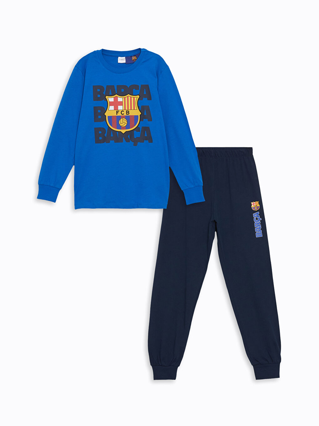 LCW Kids Orta Mavi Bisiklet Yaka Barcelona Baskılı Erkek Çocuk Pijama Takımı