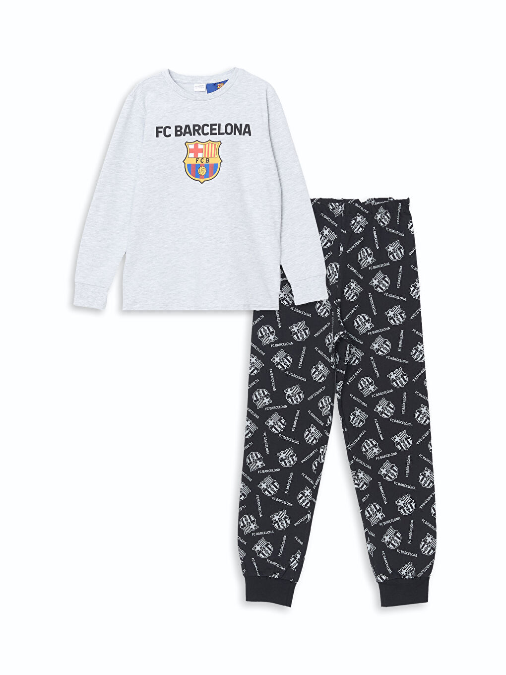 LCW Kids Açık Gri Melanj Bisiklet Yaka Barcelona Baskılı Erkek Çocuk Pijama Takımı