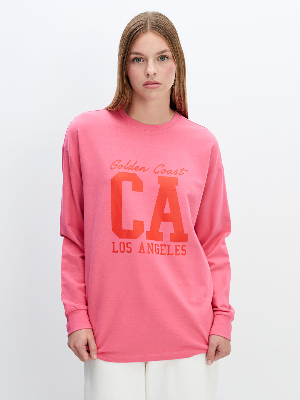 LC WAIKIKI Pembe Bisiklet Yaka Baskılı Oversize Kadın Sweatshirt