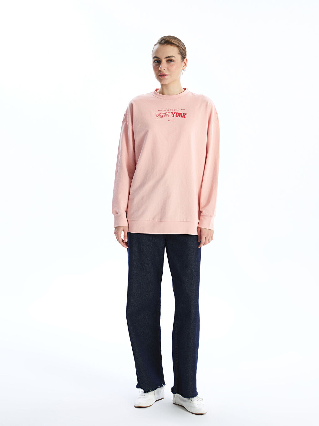Pembe Bisiklet Yaka Baskılı Oversize Kadın Sweatshirt Tunik-1