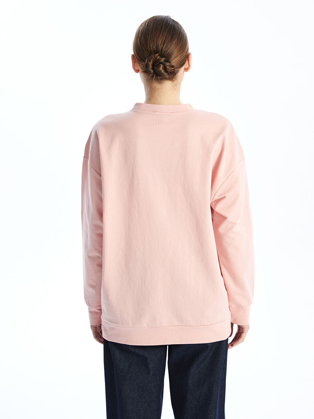 Pembe Bisiklet Yaka Baskılı Oversize Kadın Sweatshirt Tunik-4