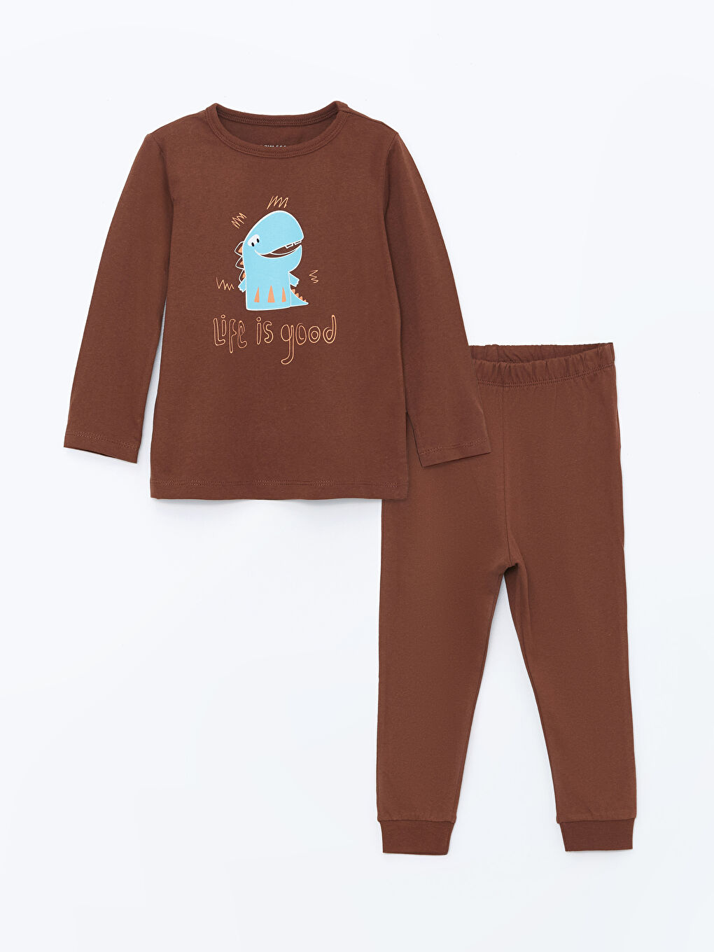 LCW ECO Kahverengi Bisiklet Yaka Uzun Kollu Baskılı Erkek Bebek Pijama Takımı