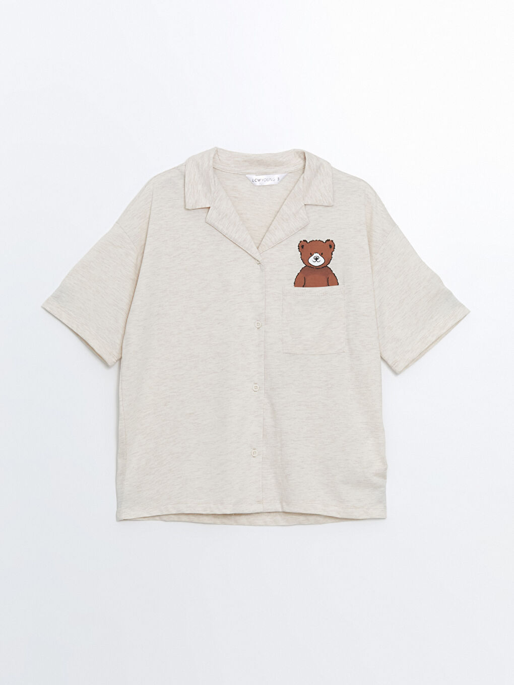 Bej Gömlek Yaka Ayı Teddy Baskılı Kadın Pijama Üstü