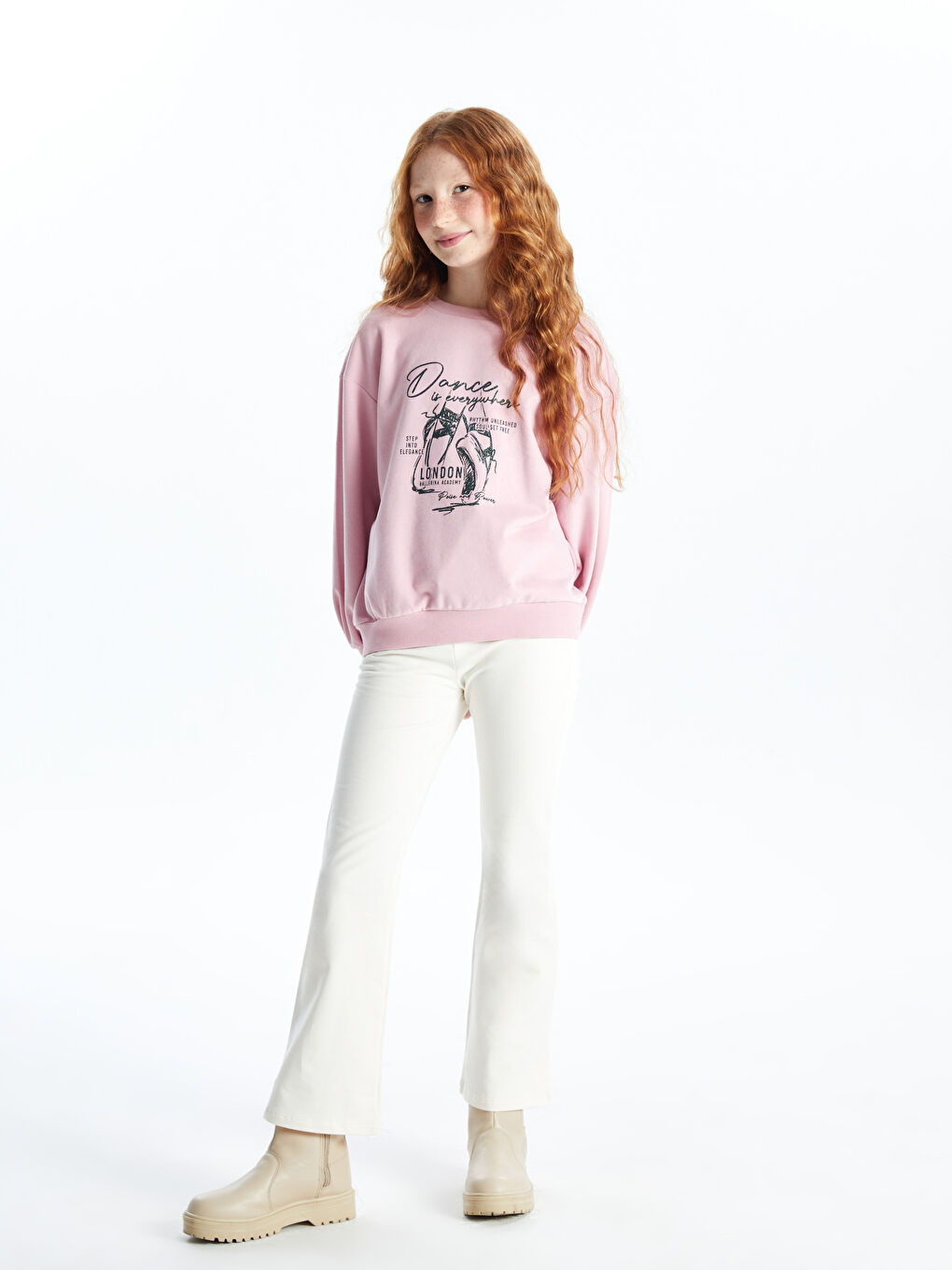 LCW Kids Pembe Leylak Bisiklet Yaka Kız Çocuk Sweatshirt ve Tayt