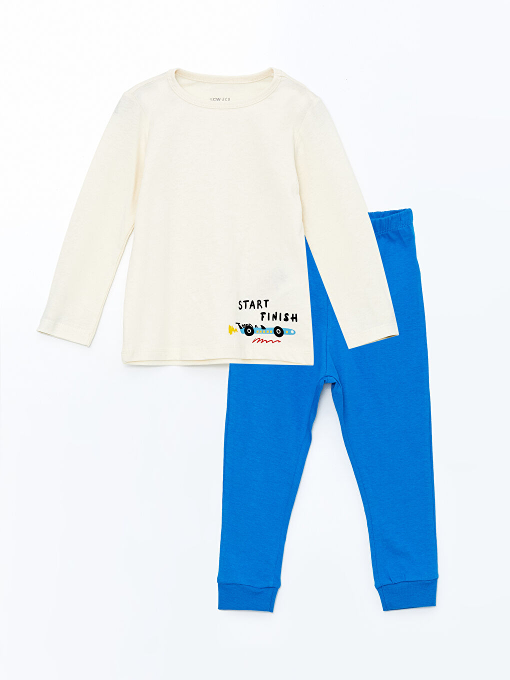 LCW ECO Krem Rengi Bisiklet Yaka Uzun Kollu Baskılı Erkek Bebek Pijama Takımı