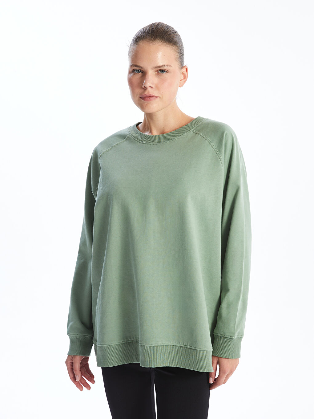 LCW Comfort Yeşil Bisiklet Yaka Oversize Kadın Sweatshirt