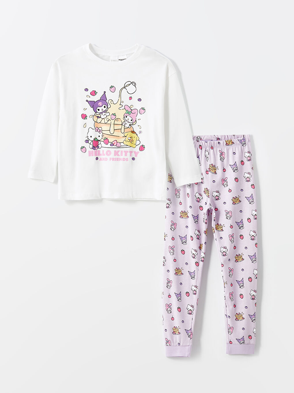 LCW Kids Optik Beyaz Bisiklet Yaka Hello Kitty Baskılı Kız Çocuk Pijama Takımı