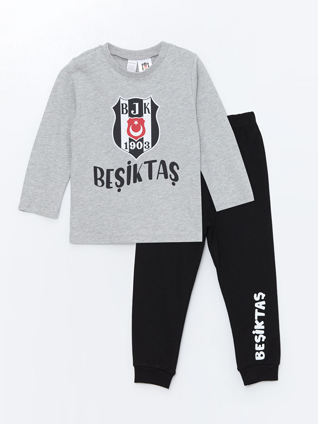 LCW baby Gri Melanj Bisiklet Yaka Beşiktaş Baskılı Uzun Kollu Erkek Bebek Pijama Takımı