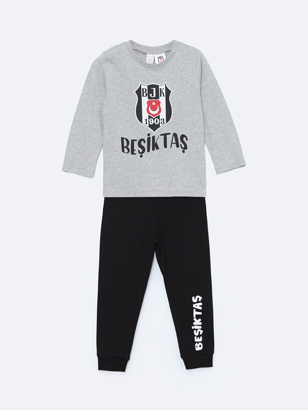 Gri Bisiklet Yaka Beşiktaş Baskılı Uzun Kollu Erkek Bebek Pijama Takımı
