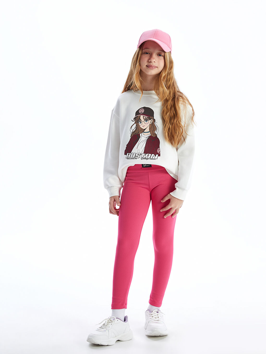 Fuşya Beli Lastikli Kız Çocuk Uzun Tayt-1