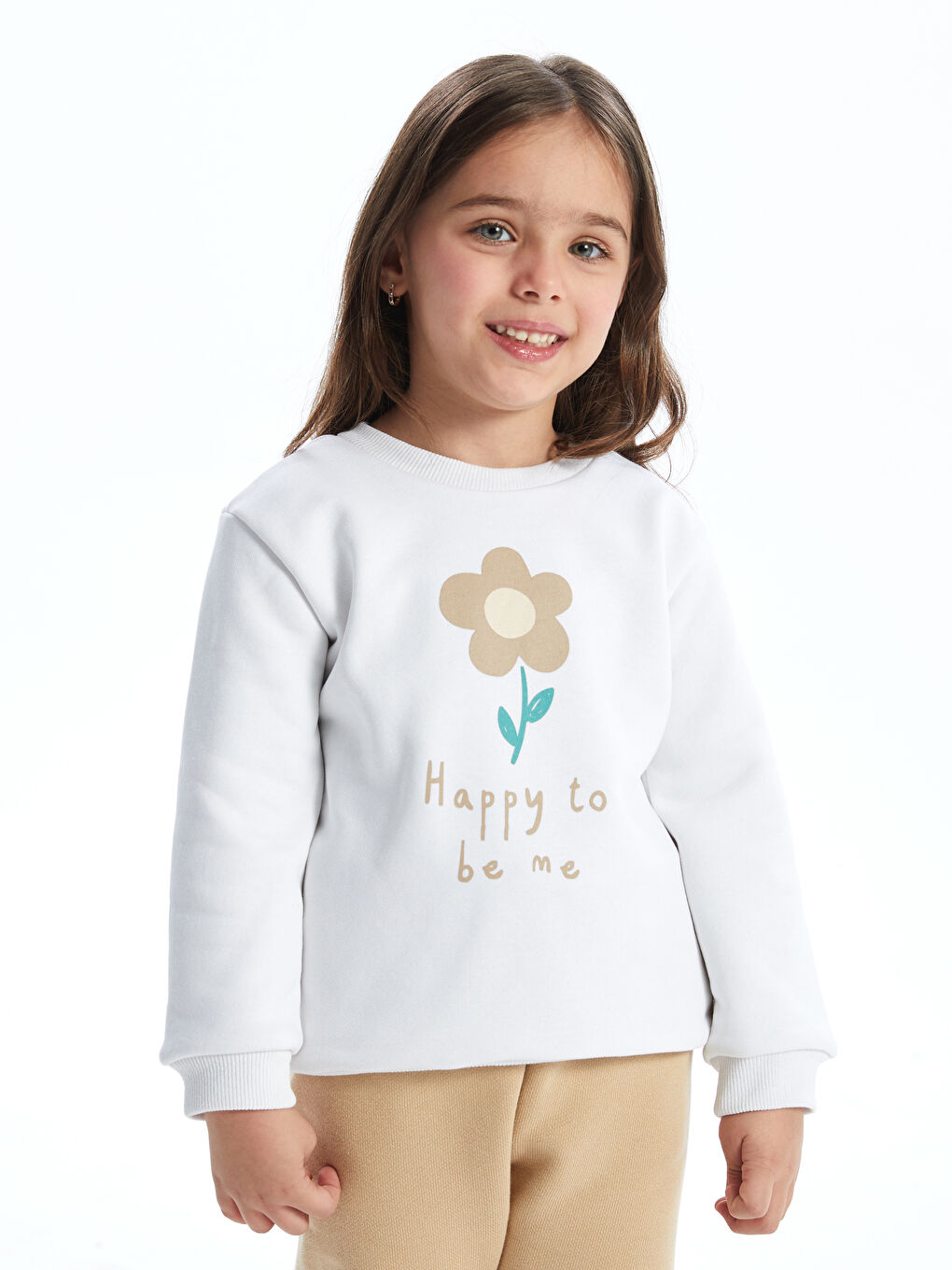 Ekru Bisiklet Yaka Çiçekli Kız Çocuk Sweatshirt ve Eşofman Alt 2'li