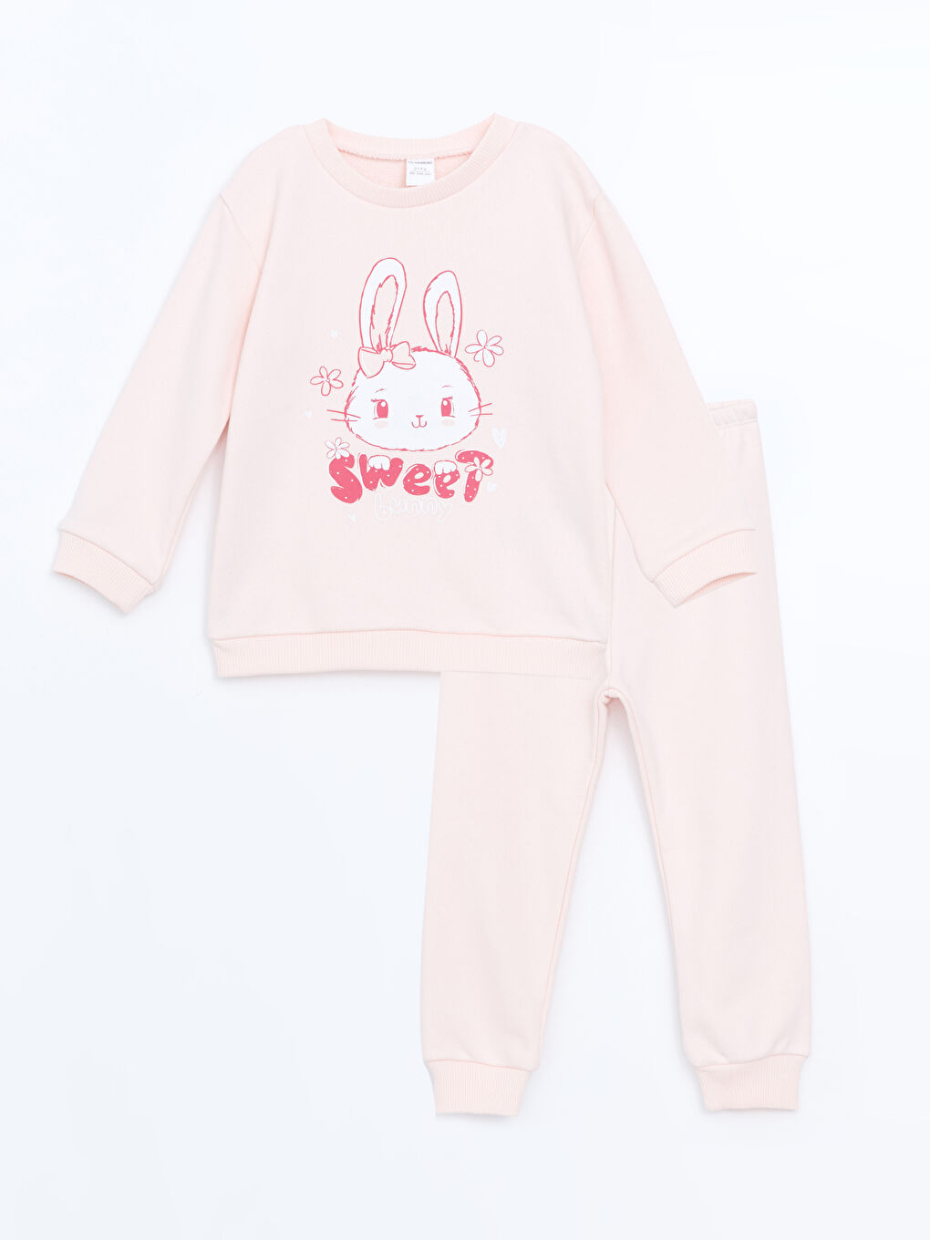 LCW baby Açık Pembe Bisiklet Yaka Uzun Kollu Baskılı Kız Bebek Sweatshirt ve Eşofman 2'li Takım