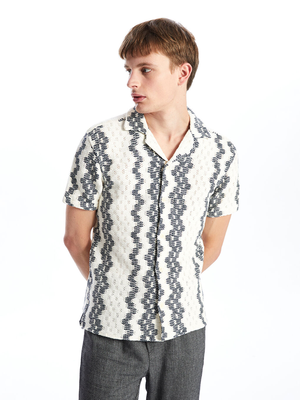 Lacivert Slim Fit Kısa Kollu Desenli Erkek Gömlek-1