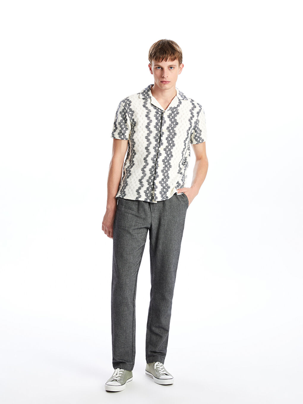 Lacivert Slim Fit Kısa Kollu Desenli Erkek Gömlek-3