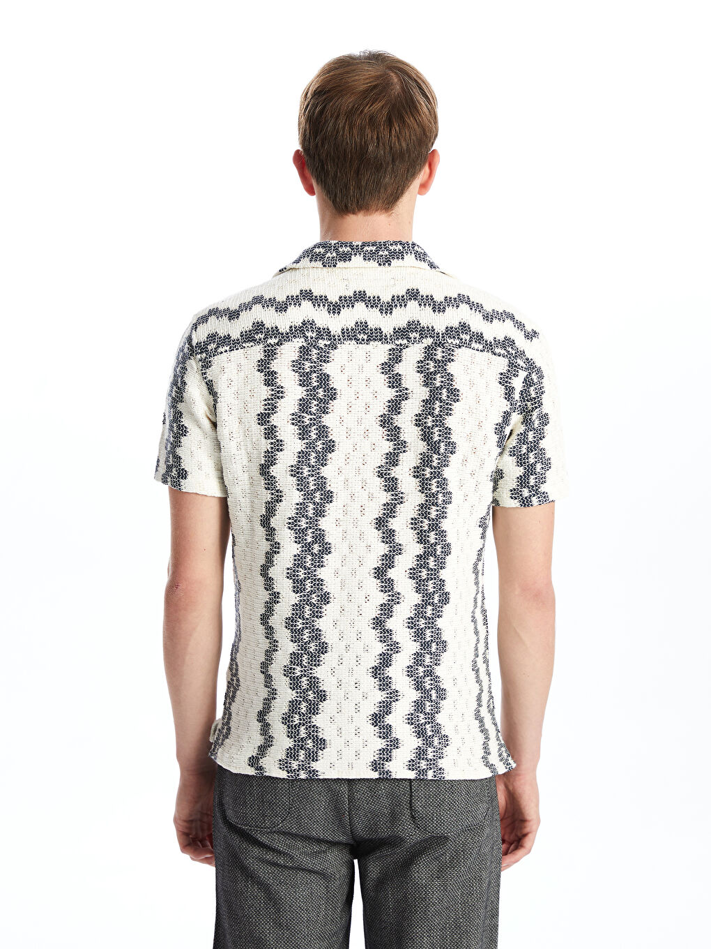 Lacivert Slim Fit Kısa Kollu Desenli Erkek Gömlek-4