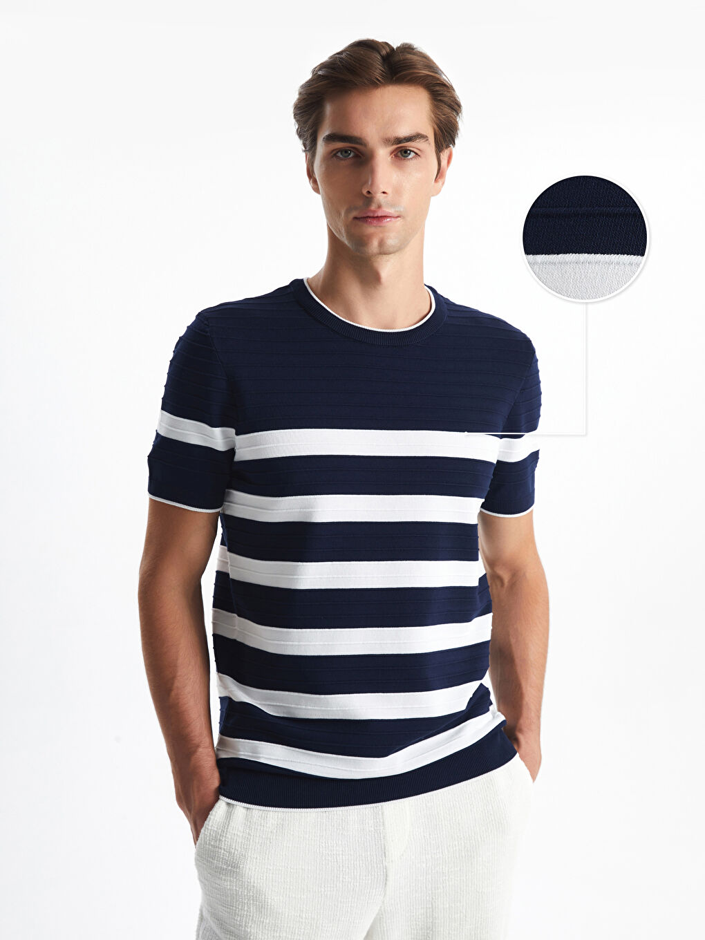 Lacivert Bisiklet Yaka Kısa Kollu Çizgili Erkek Triko Kazak
