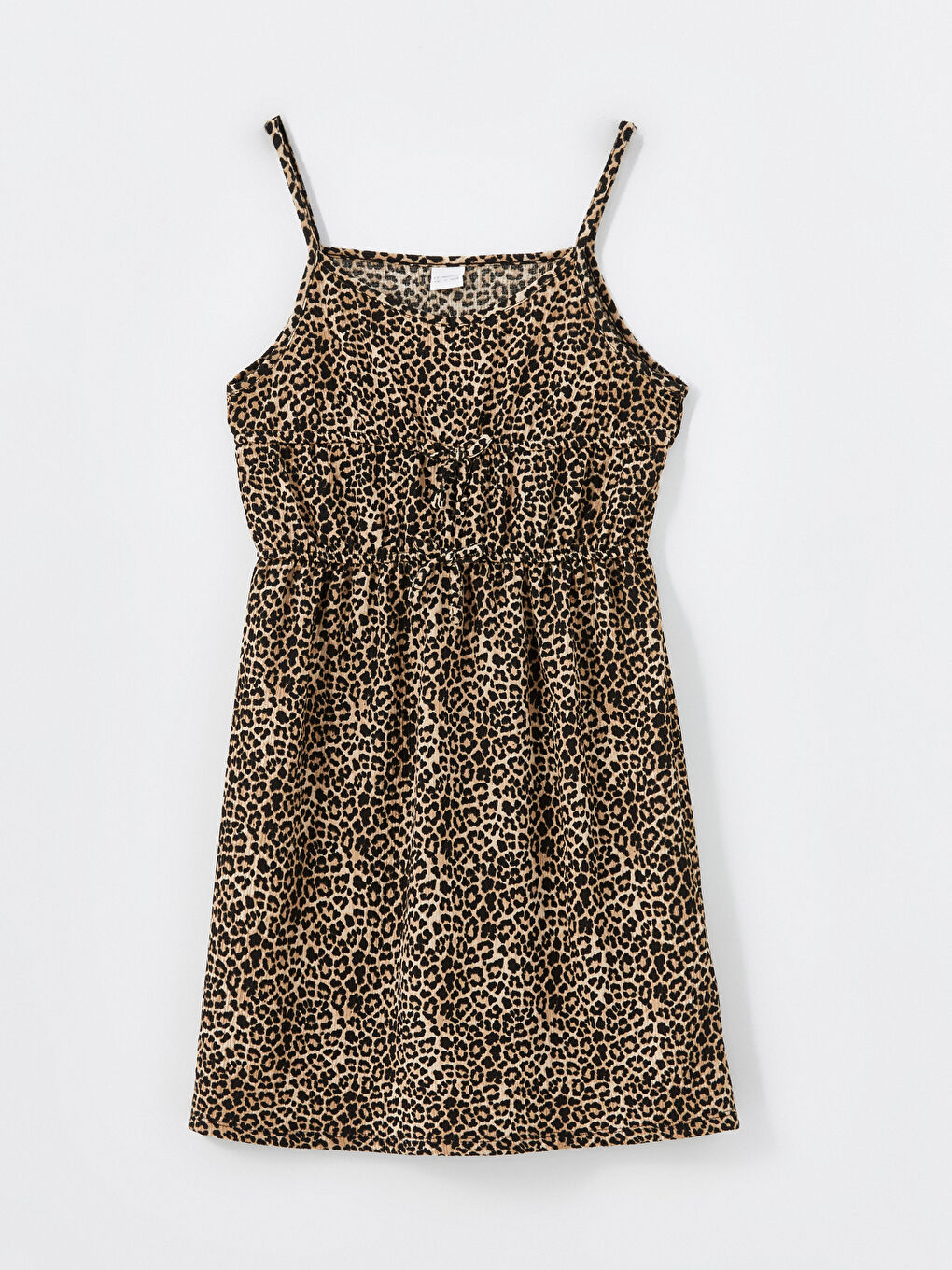 Bej Kare Yaka Leopar Desenli Kız Çocuk Elbise