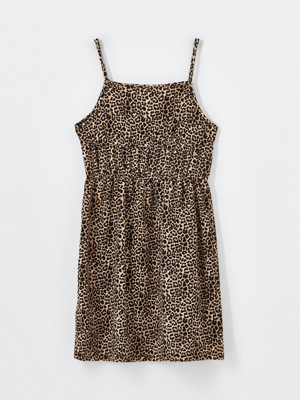 Bej Kare Yaka Leopar Desenli Kız Çocuk Elbise-1