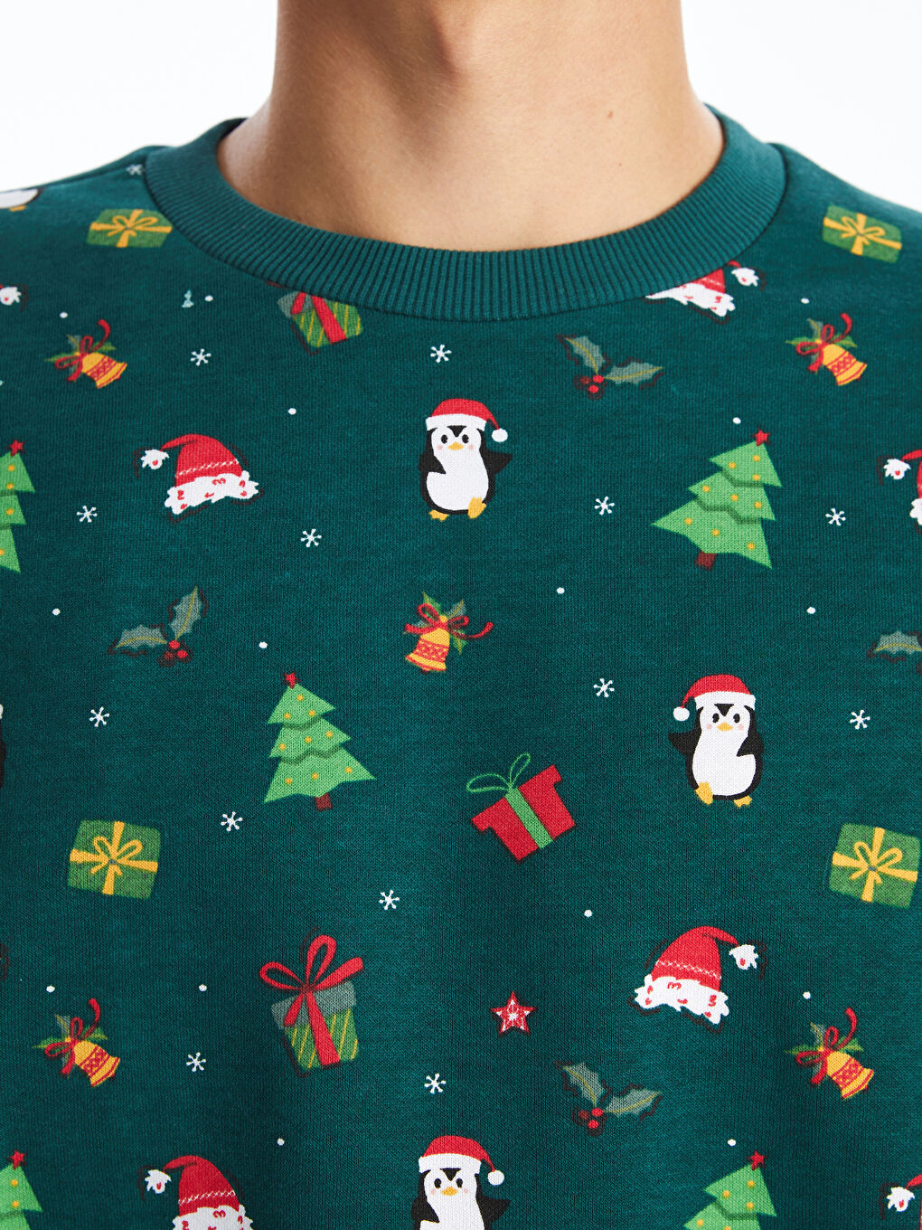 Yeşil Bisiklet Yaka Uzun Kollu Yılbaşı Temalı Erkek Kalın Sweatshirt-2