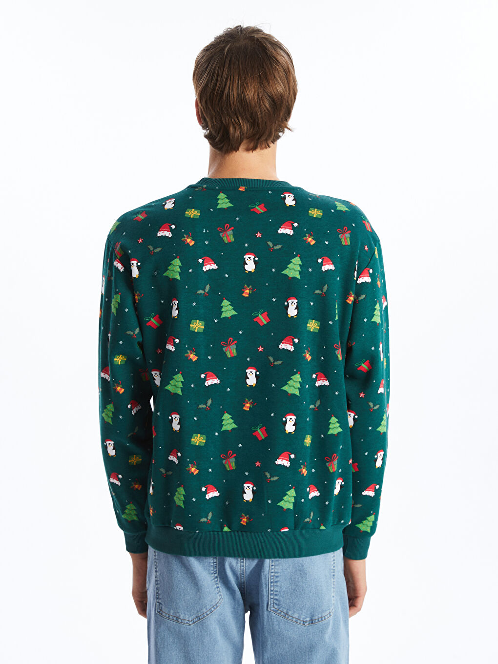 Yeşil Bisiklet Yaka Uzun Kollu Yılbaşı Temalı Erkek Kalın Sweatshirt-3