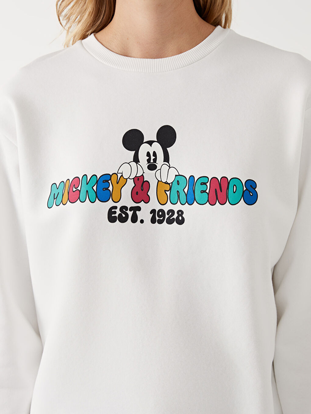 XSIDE Ekru Bisiklet Yaka Mickey ve Arkadaşları Baskılı Oversize Kadın Kalın Sweatshirt - 2