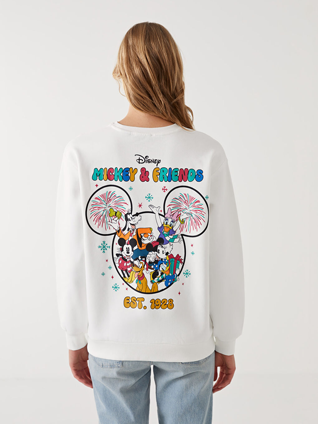 XSIDE Ekru Bisiklet Yaka Mickey ve Arkadaşları Baskılı Oversize Kadın Kalın Sweatshirt - 3