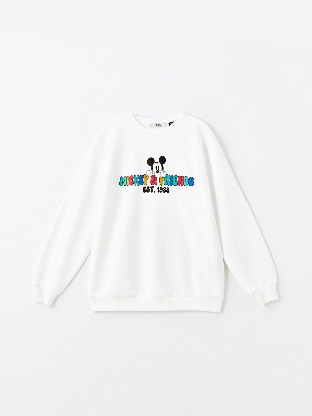 XSIDE Ekru Bisiklet Yaka Mickey ve Arkadaşları Baskılı Oversize Kadın Kalın Sweatshirt