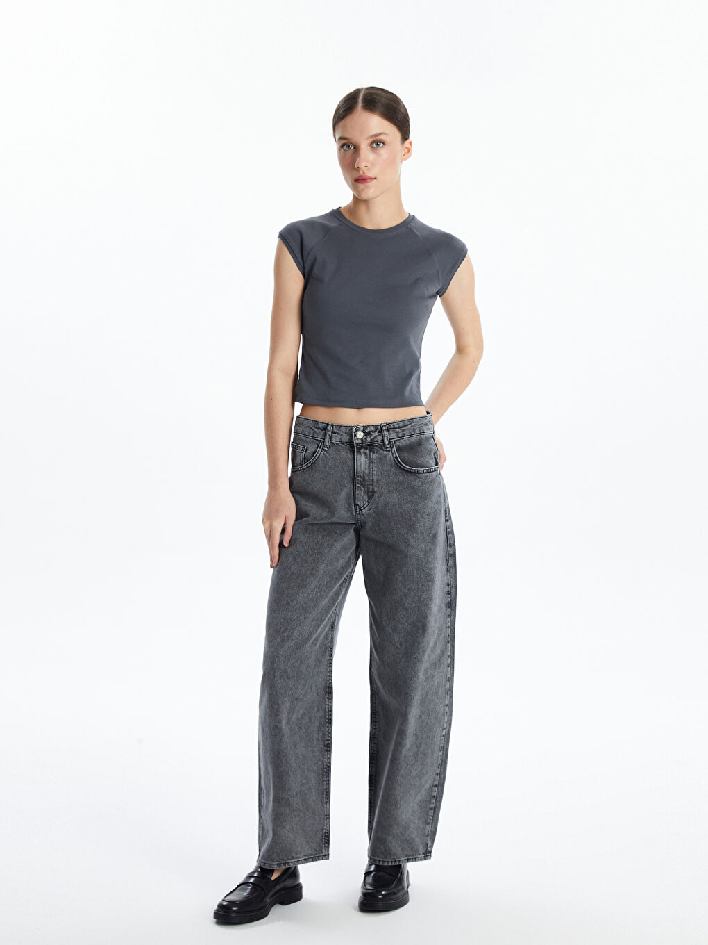 Gri Baggy Fit Kadın Jean Pantolon