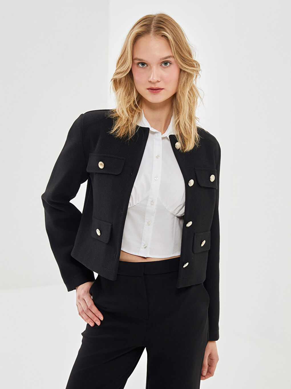 Siyah Bisiklet Yaka Kadın Ceket